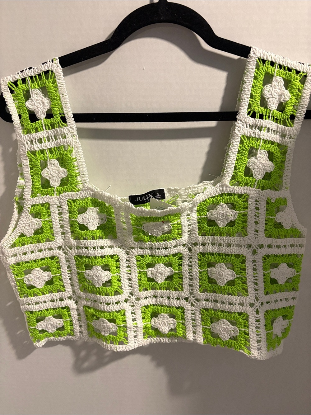 JuliX Green & White Crochet Square Crop Top
